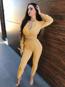 Women Trousers Long Sleeves Solid Zipper Bundle (Color: Yellow, size: M)