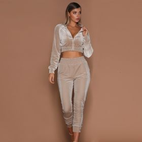 Women Trousers Long Sleeves Solid Zipper Bundle (Color: Beige, size: S)