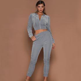 Women Trousers Long Sleeves Solid Zipper Bundle (Color: Gray, size: L)