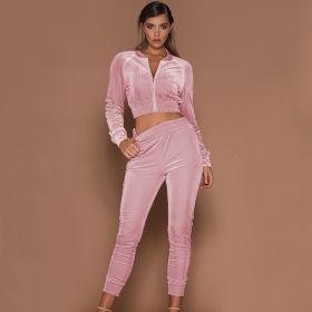 Women Trousers Long Sleeves Solid Zipper Bundle (Color: Pink, size: XL)