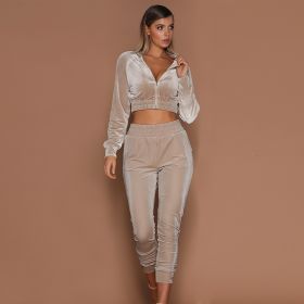 Women Trousers Long Sleeves Solid Zipper Bundle (Color: Beige, size: L)