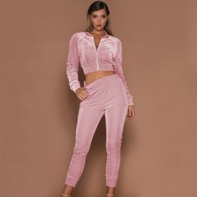 Women Trousers Long Sleeves Solid Zipper Bundle (Color: Pink, size: 3XL)